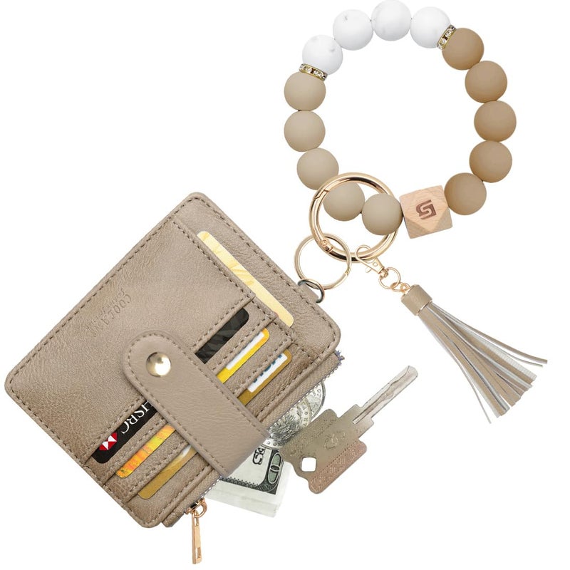 COOLANS Wristlet Bracelet Keychain Pocket Credit Card Holder Purse Tassel Keychain Bangle Key Ring for Women (Silicone Bead Bracelet+Card Purse (Brown)) - Image 1